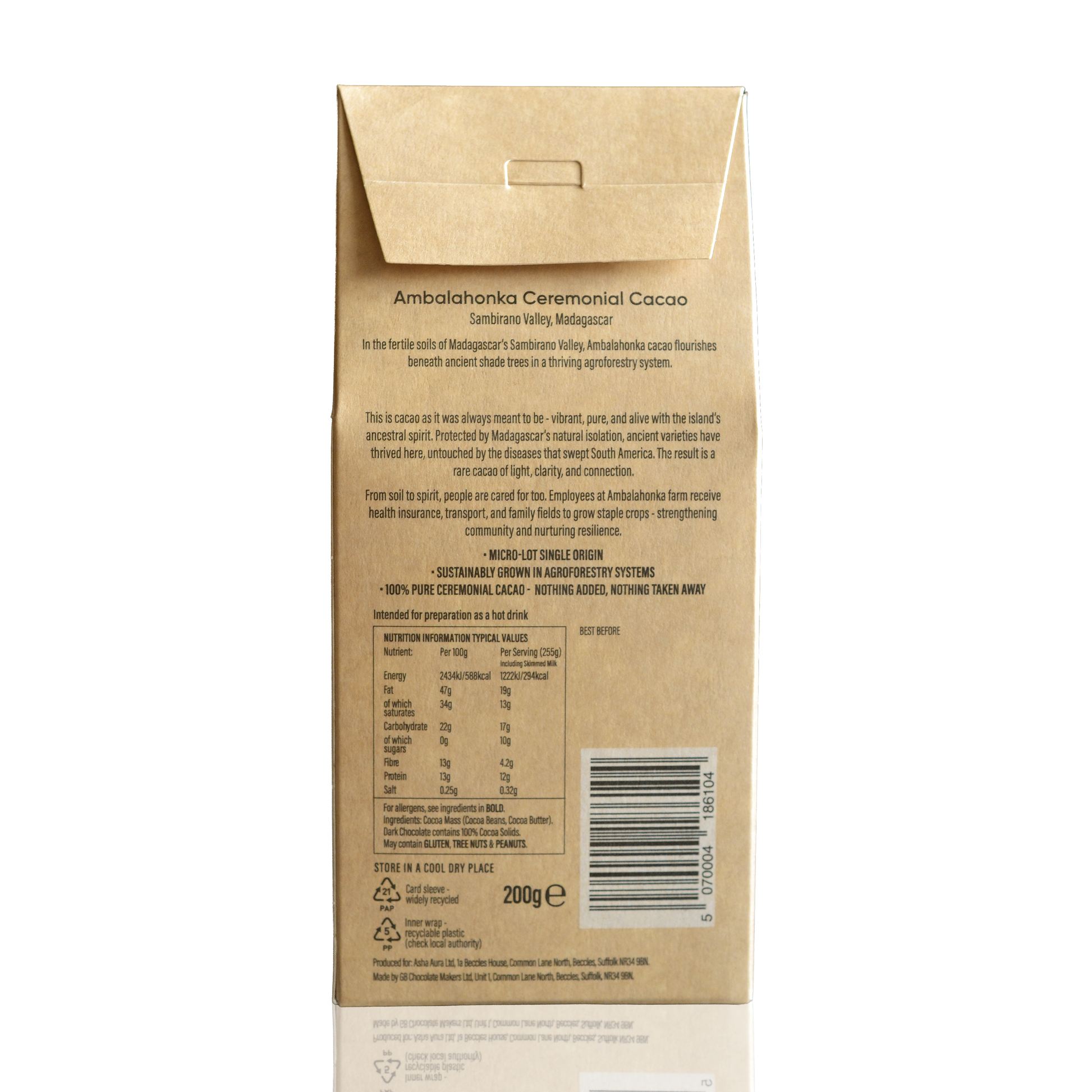 Asha Cacao Ceremonial Cacao - back of pack with sourcing story and nutrition